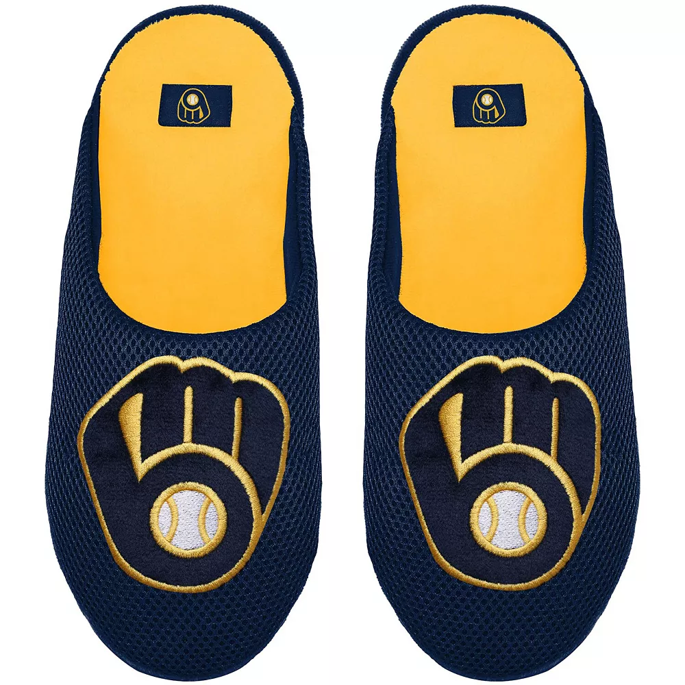 Men's FOCO Milwaukee Brewers Big Logo Colorblock Mesh Slippers 3 Men's FOCO Milwaukee Brewers Big Logo Colorblock Mesh Slippers