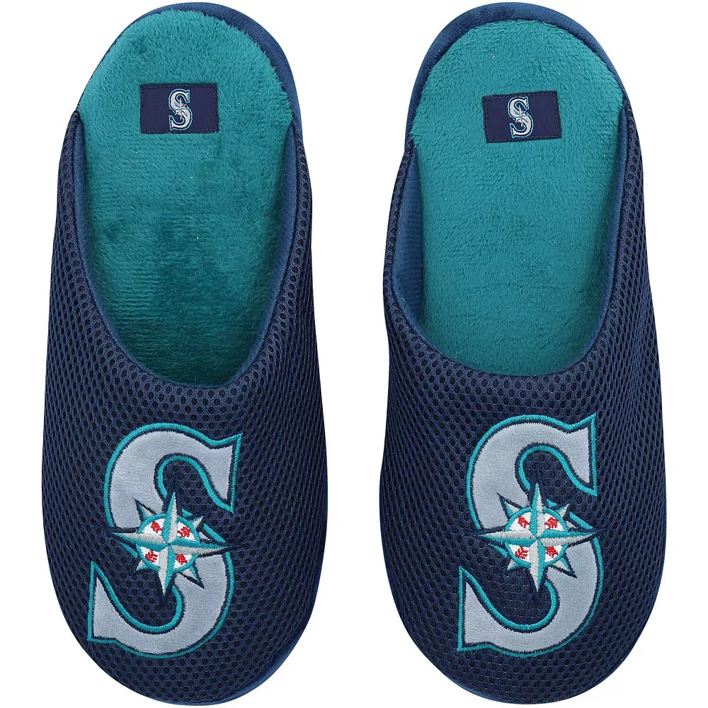 Men's FOCO Seattle Mariners Big Logo Colorblock Mesh Slippers 3 Men's FOCO Seattle Mariners Big Logo Colorblock Mesh Slippers